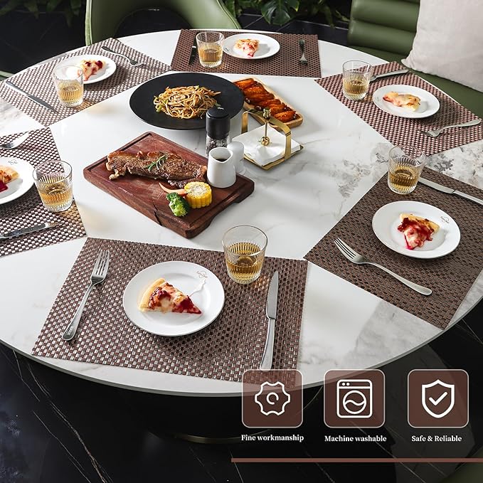 Vinyl Plastic Placemats Set of 6 Washable Heat Resistant Non-Slip Elegant Indoor Outdoor Kitchen Dining PVC Woven Table Place Mats (Black Red Weaving)