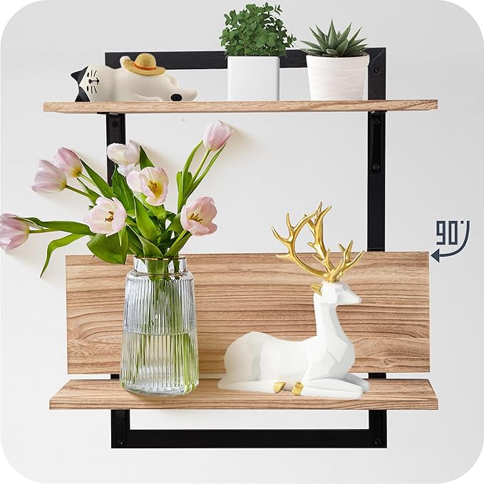 24-Inch Floating Shelves for Wall,3-Tier Wooden Wall Mounted Kitchen Shelves with Foldable Brackets,Hanging Wall Shelves for Living Room, Coffee Bar,Bedroom, Bathroom,Rustic Brown