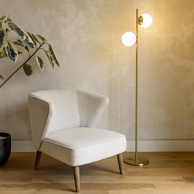 Brightech Sphere Floor Lamp for Living Room, Mid-Century Modern 2 Globe Pole Light for Bedroom, Bright LED Standing Lamps for Offices, Contemporary Living Room Décor – Gold/Antique Brass