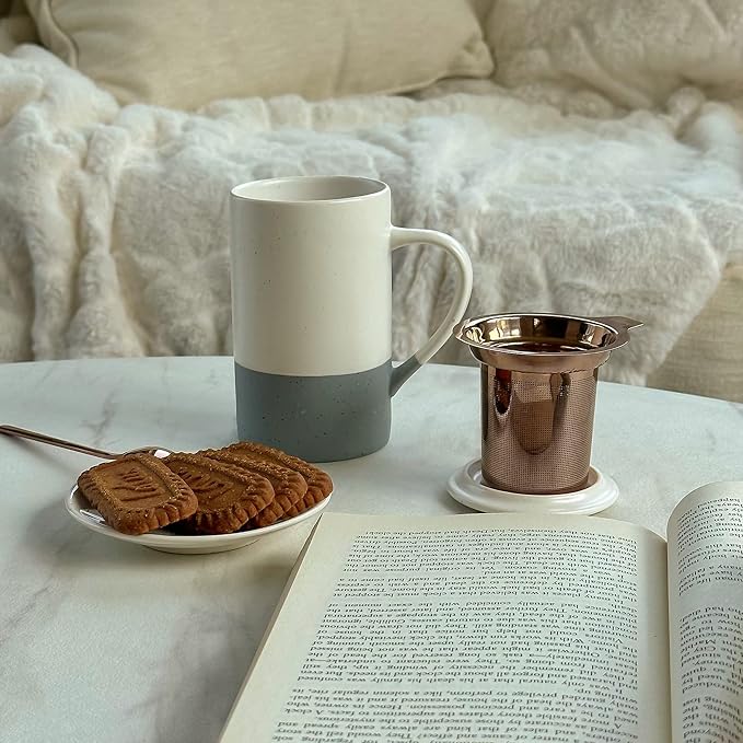 Mora Ceramics Tea Cup with Loose Leaf Infuser, Spoon and Lid, 12 oz, Microwave and Dishwasher Safe Coffee Mug - Rustic Matte Ceramic Glaze, Modern Herbal Tea Strainer - Great Gift for Women, Flint