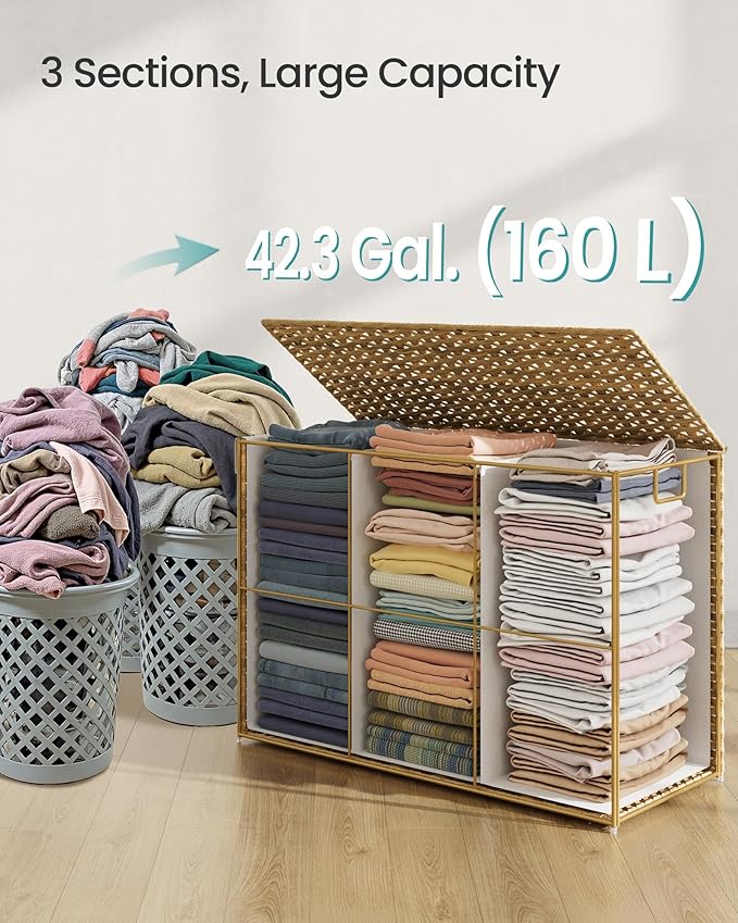 SONGMICS Laundry Hamper, 42.3 Gal. (160 L) Laundry Basket with Lid, Removable Bag with Handles, Handwoven Synthetic Rattan, for Bedroom, Laundry Room, 15.7 x 26 x 24 Inches Natural Color ULCB316Y01