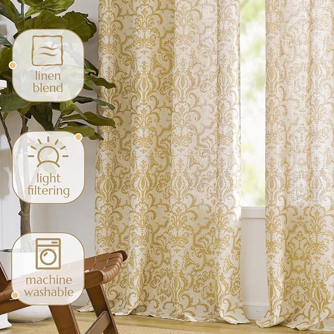 jinchan Light Filtering Curtains, 90 Inch Length 2 Panels Set, Linen Blend Drapes for Bedroom, Vintage Damask Patterned Curtains, Grommet Top Mustard Yellow on Flax