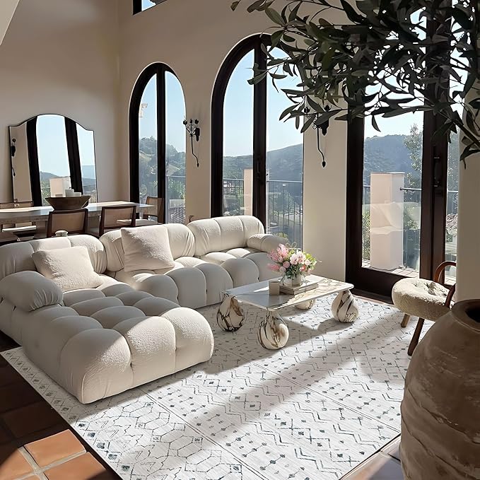 Deerly Living Room 8 x 10 Rug, Boho Moroccan Farmhouse Washable Distressed Area Rug with Non-Slip Backing, Large Soft Neutral Morden Indoor Carpet for Bedroom Dining Room, White/Dark Grey