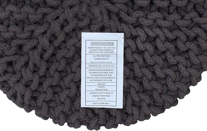 COTTON CRAFT Braided Round Pouf - Hand Knitted Cotton Cord Cable Dori Cylindrical Ottoman - Foot Stool - Floor Pouf - Footrest - Accent Seat - Living Room Bedroom Dorm Décor - 15 Round x 16 H - Grey