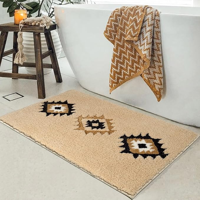 DEXDE Boho Bathroom Rugs Cream Beige Bath Mat Non Slip Western Geometric Bath Rug Luxury Soft Absorbent Carpet for Bathroom Shower Kitchen Entryway Farmhouse Neutral Decor 24x36