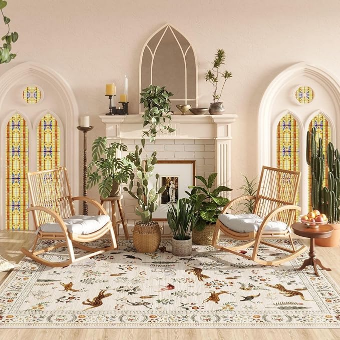 Living Room Rug 6x9 Rug Machine Washable Boho Area Rug Non Slip Floral Animal Vintage Low Pile Large Rug for Living Room, Bedroom, Farmhouse, Dining Room, Kids Playroom (Beige)