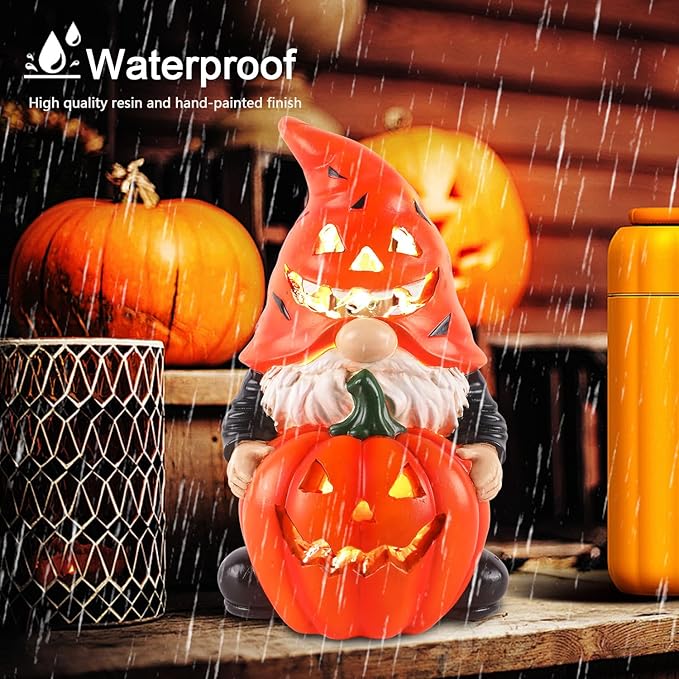 Halloween Gnomes Solar Pumpkin Decor - Unique Resin Gnome with Glowing Pumpkin, Ideal Gift for Women, Outdoor Yard Garden Halloween Decorations
