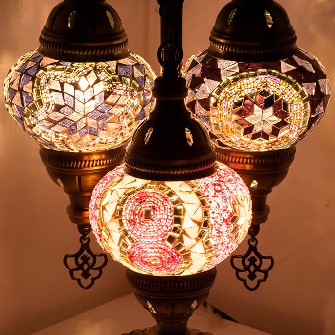 mozaist 3 Mosaic Sphere Turkish Table Lamp, Purple Basil, Handmade Glass Beads and Metal, Boho Style Vintage Living Room, Dining Room Farm Decor Colorful Light with US Plug&E12 Socket
