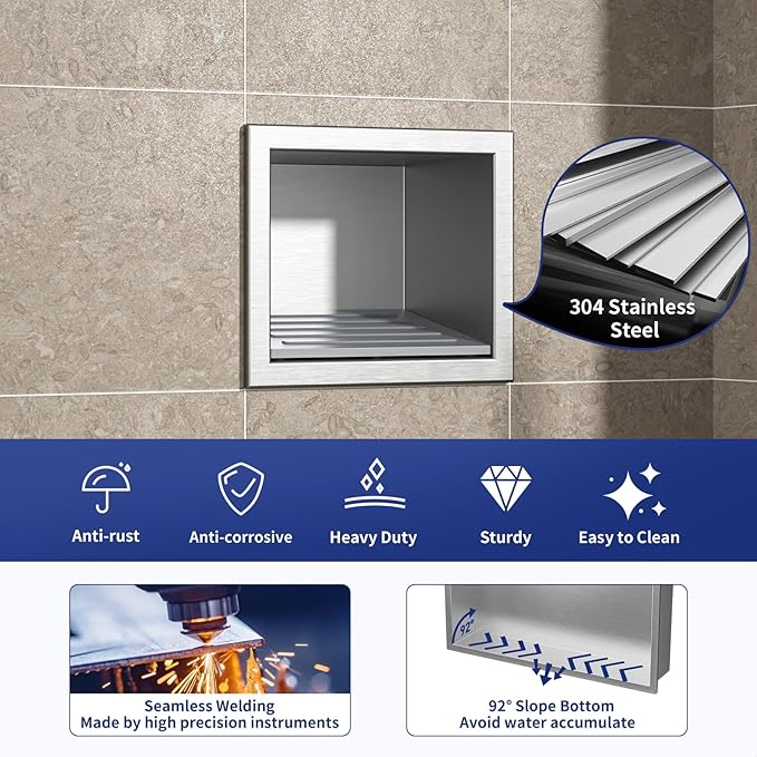 Shower Niche, 304 Stainless Steel Stool for Bathroom, Recessed Footrest w/Over Mount Installation, No Tile Need (Brushed, 4.8''x6'')