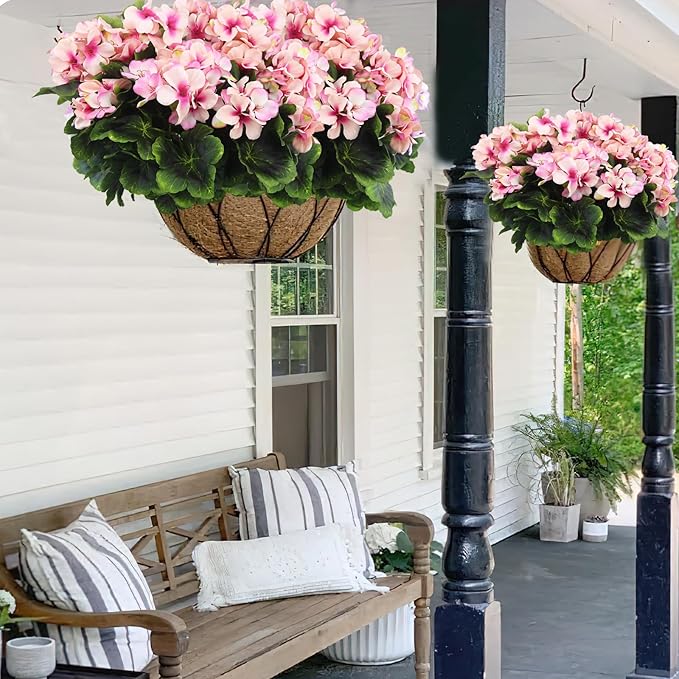 2 Pcs Artificial Geraniums for Outdoor Silk Geranium Flowers Purple Pink Artificial Geranium Bush Faux Flowers Geraniums Branch for Garden Patio Cemetary Vase Table Centerpiece Indoor Decor