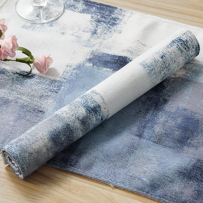 Blue Abstract White and Grey Modern Art Placemats Set of 4, Heat Resistant Non-Slip Artwork Dining Placemats, Washable Place Mats for Home Kitchen (18"X12")