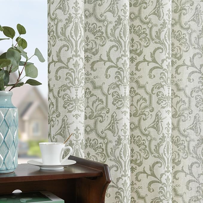 jinchan Curtains for Bedroom, Light Filtering 96 Inch Length 2 Panels Set, Baroque Style Linen Blend Drapes Living Room, Vintage Damask Window Treatments, Grommet Top Sage Green on Flax, W52 X L96