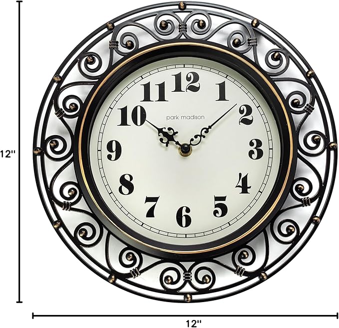 Decorative Iron Style Wall Clock 12 Inch Silent Battery Operated Vintage Elegant Retro Clocks for Living Room Decor, Kitchen Office Dining Room Bedroom School Classroom (13736)
