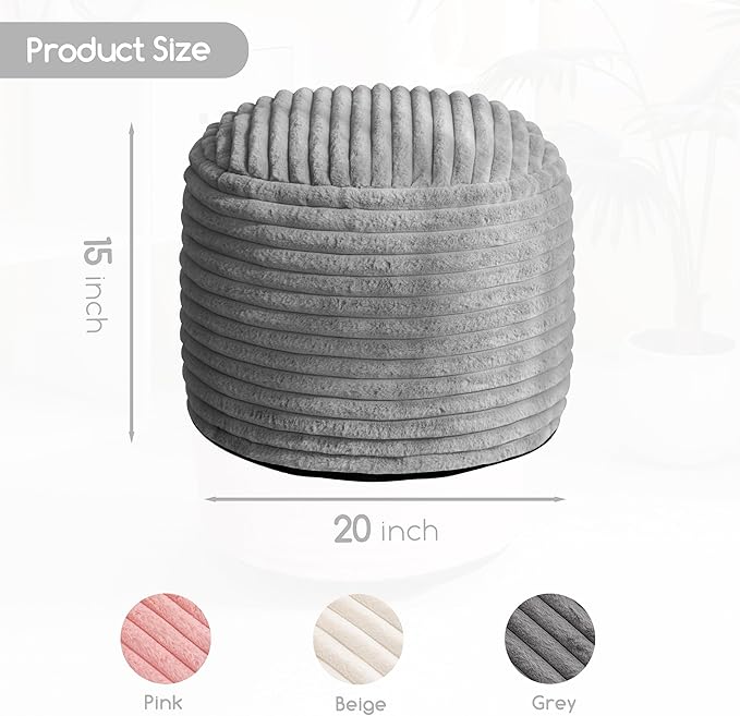 HIGOGOGO Round Stuffed Pouf Ottoman, Stripe Faux Fur Poufs with Foam Chunk Filling, Furry and Fluffy Pouf Foot Stool Storage Ottoman, 20 X 15 Floor Poufs Foot Rest for Living Room, Grey
