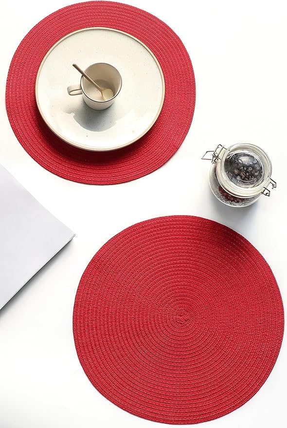 Floroom 15 Inch Round Braided Placemats Set of 6, Washable Heat Resistant Cotton Polyester Circle Place Mats for Kitchen Dining Table - Red