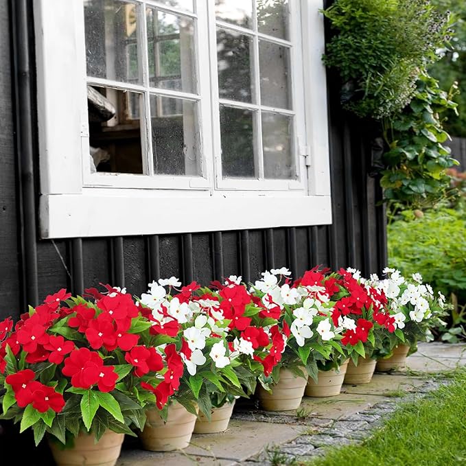 4 Pcs Artificial Flowers Outdoor Impatiens UV Resistant Silk Impatiens Flowers Red Faux Flowers Impatiens Bushes Artificial Impatiens for Pot Patio Lawn Garden Hanging Basket Porch Decor