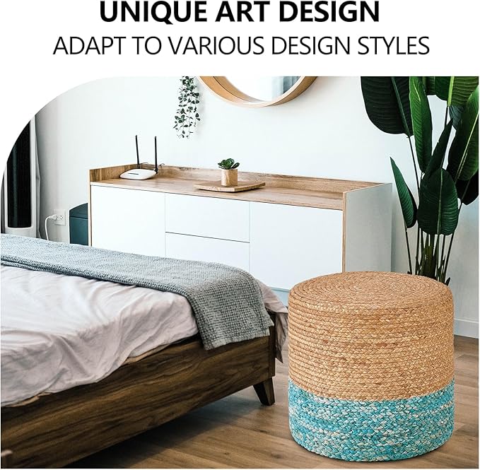 Cplxroc Ottoman Poof, Natural Seagrass Poufs, Hand Weave Round Footstool, Pouffe Accent Chair, Home Decorative Seat, Boho Deco Floor Chair for Living Room, Bedroom (18inch 68LK)