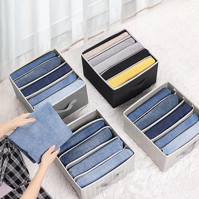 Clothes Organizers and Storage - Fabric Jeans Organizer with Handles, Foldable Drawer Dividers for Clothes, Closet Shelf Organizer for Shirts, Bra, Sweater, Scarf, 4 Pack, Arrow