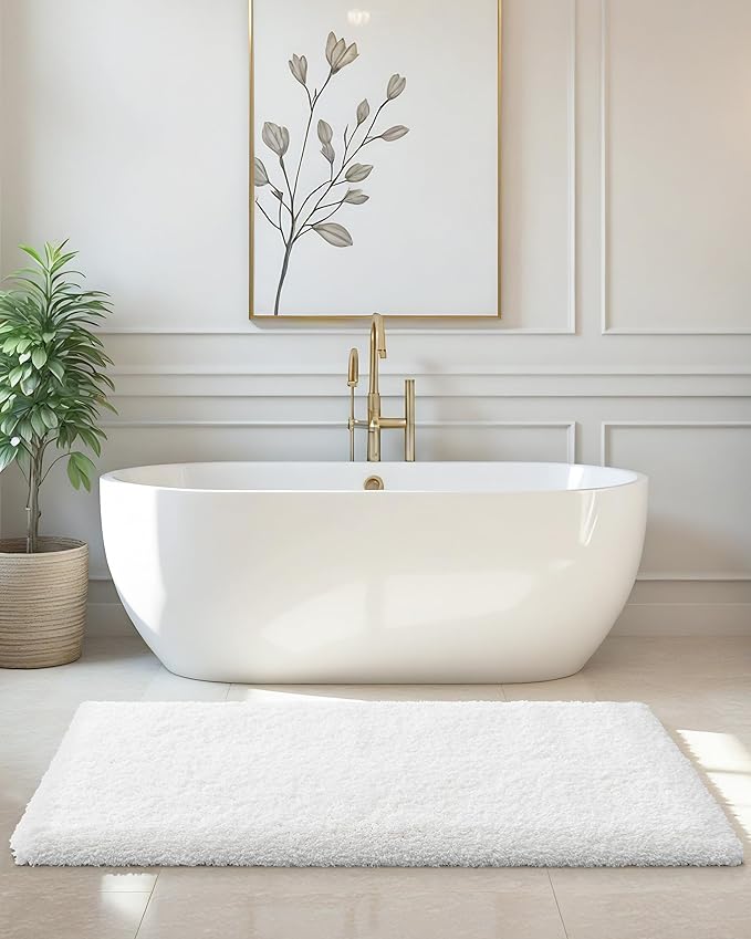 ILANGO White Bathroom Rugs 48" × 24" Non Slip & Super Absorbent Extra Thick Soft, Washable Bath Mat for Floor, Microfiber Plush Shaggy Bath Rug with Rubber for Bathtub Shower Room Sink