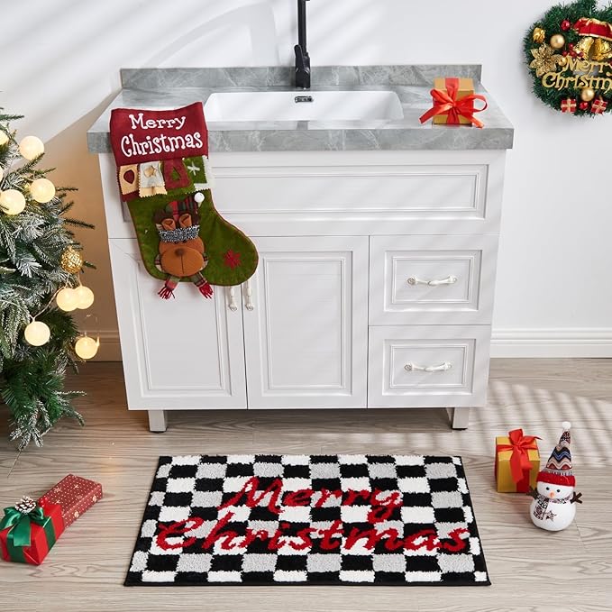 Douceur Christmas Checkered Bathroom Rugs, Cute Black Bath Mat, Christmas Bathroom D cor Non Slip Bath Rugs, Soft and Absorbent Washable Bath Rugs for Bath 32"X20"