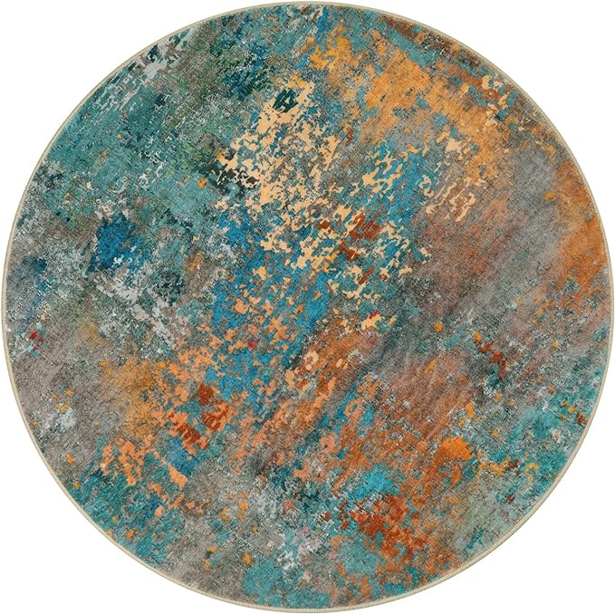 Lahome Modern Abstract Round Rug - 4Ft Colorful Rugs for Entryway Small Bathroom Rugs Washable 4x4 Circle Mat, Contemporary Indoor Floor Accent Carpet for Kitchen Bedroom Family Room Decor