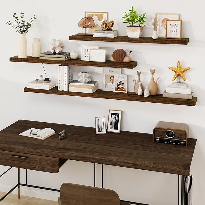 Fun Memories Floating Shelves for Wall, 48Inch Floating Shelves Set of 2, Hanging Shelf with Invisible Brackets, Wood Shelves for Living Room, Bedroom, Kitchen, Brown