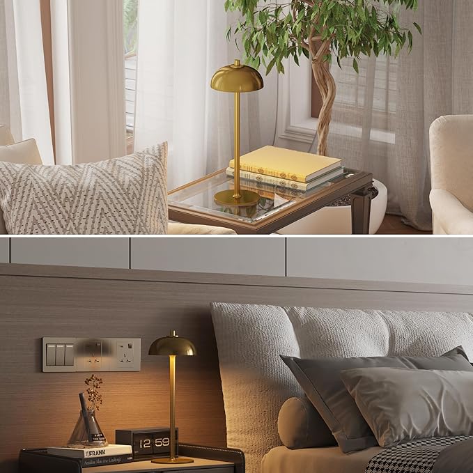 2 Pack Cordless Table Lamp, 5000mAh Portable Rechargeable Table Lamp, 3 Color Modes Stepless Dimming Table Light with Memory Function, for Dinner, Patio, Home, Restaurant.(Brushed Gold)
