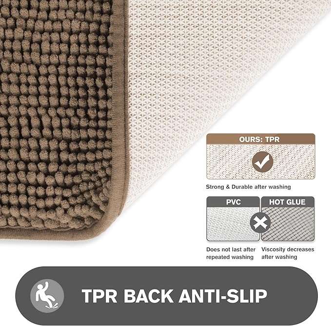 Taupe Bathroom Rugs – Absorbent and Washable Bath Mat, Non-Slip, Thick Soft Chenille Bath Rugs for Bathroom Floor, Shower, Sink - 26" x 44"