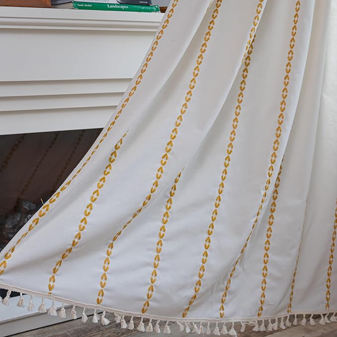 Sutuo Home Boho Curtains for Living Room Bedroom, Semi Blackout Farmhouse Vintage Shabby Chic Tassels Window Treatment Bohemian Embroidery Drape, Rod Pocket 1 Panel 52" W x 96" L, White and Gold