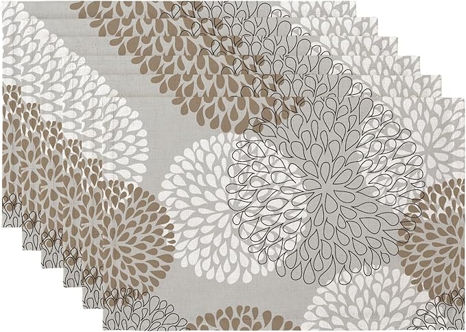 QIYI Boho Placemats Set of 6, 12x18 Inch Linen Fabric Place Mats for Kitchen Dinning, Farmhouse Rustic Floral Cloth Table Mats, Washable Placemat Party Table Décor, Brown Floral Burst