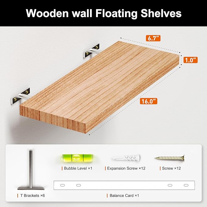 Greenual 3 Packs Floating Shelves, Nature Wood Wall Shelf, 16" Mounted for Kitchen, Living Room, Bedroom, Bathroom Storage, Book Shelf for Home Decor, Frame Display