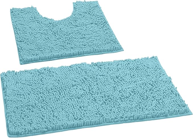 LuxUrux Bathroom Rugs Sets 2 Piece: Quick Dry, Soft Plush Anti-Slip, Super Absorbent. Includes Rectangular (31x20 inches) & U-Shaped Toilet Mat (20x20 inches) | Spa Blue