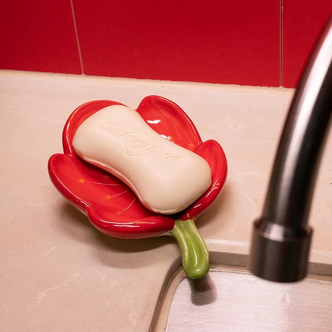 Ceramic Soap Dish Holder for Bathroom, Flower Bar Holder for Shower, Easy Cleaning Saver Tray Decoration for Bathroom, Sinks, Kitchen (Red)