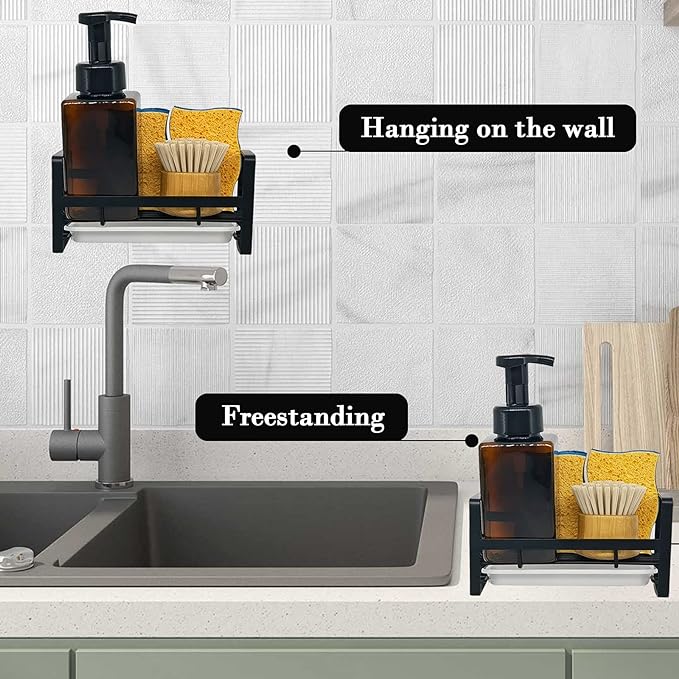 VANTEN Kitchen Sink Caddy Sponge Holder Sink Organizer, Sink Tray Drainer Rack, Soap Dish Dispenser Brush Holder Storage Accessories -Countertop or Adhesive