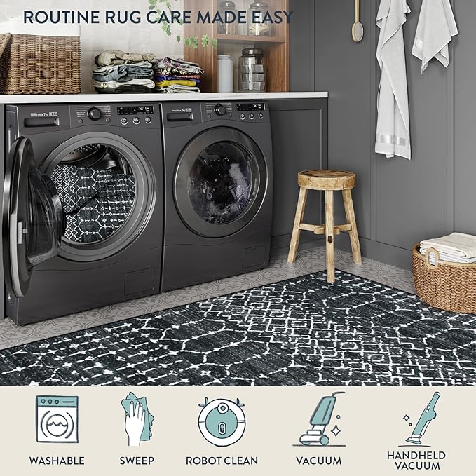 Lahome Moroccan Black Area Rugs 6x9 Living Room - Non-Slip Backing Ultra-Thin Large Throw Stain Resistant Dining Room Rugs for Under Table, Geometric Print Modren Soft Carpet for Bedroom Office