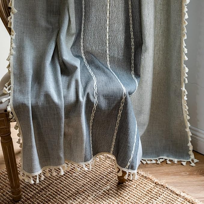 Sutuo Home Boho Curtains for Kitchen Nursery Room, Semi Blackout Linen Farmhouse Shabby Chic Tassels Window Treatment Bohemian Embroidery Drape, Rod Pocket 1 Panel 52" W x 63" L, Gray Linen