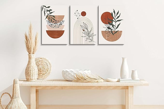 Boho Wall Art Prints,Boho Wall Decor, Mid Century Modern Wall Art,Set of 3 Prints, Abstract Geometric Prints Black Beige Terracotta Minimalist Art, Natural Framed Canvas Prints Artwork For Living Room