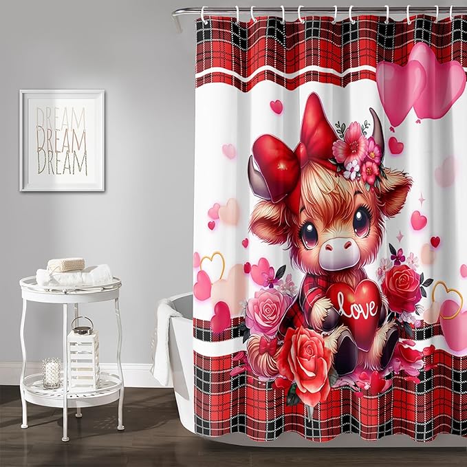AILONEN Cartoon Yak Shower Curtain Set, Lovely Red Rose Cow Polyester Waterproof Shower Curtain for Bathroom,Love Scottish Tartan Theme Cloth Bath Curtain Set with Hooks,72" Wx96 H