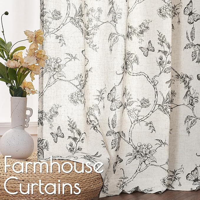 Lazzzy Linen Black Floral Curtains 90 Inch Length Farmhouse Curtain Back Tab Drapes for Living Room Bedroom Light Filtering Vintage Rod Pocket Curtains, 2 Panels, Black on Beige