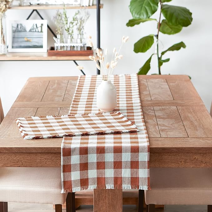 DII Heavyweight Fringed Check Tabletop Collection, Table Runner, 14x72, Cinnamon