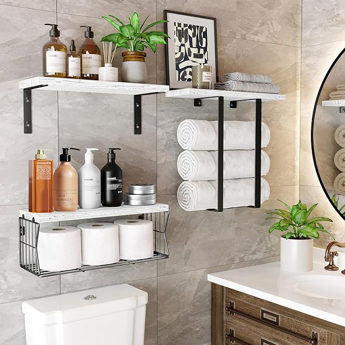 HAMITOR Floating Shelves Wall Mounted Over Toilet: Bathroom Shelf with Towel Rack Paper Holder Storage - Rustic Wood Farmhouse Shelves for Wall Decor/Bathroom