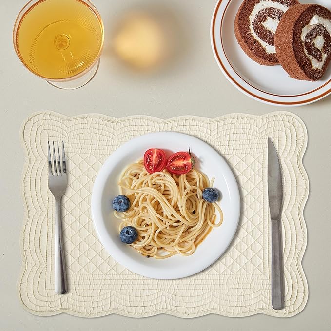 HOMBYS Quilted Placemats Set of 6 Washable-13x18 inches Rectangular Placemats for Kitchen Table-100% Cotton Fabric Rectangular Table Mats, (Flax)