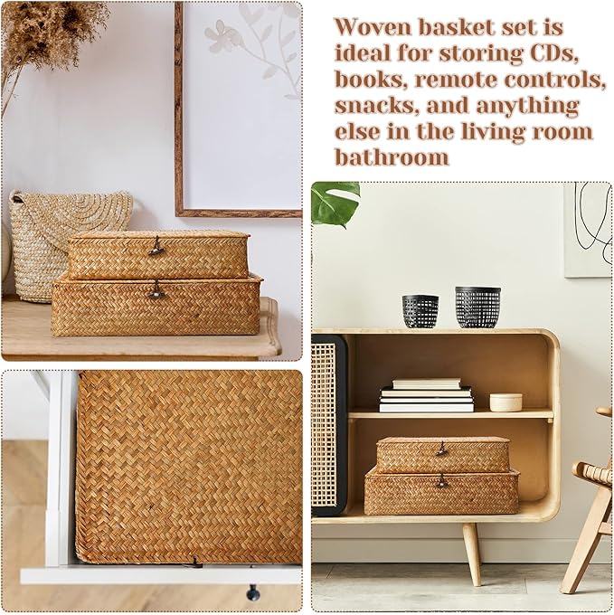 Set of 4 Seagrass Basket with Lid Wicker Storage Basket Decorative Storage Boxes with Lids Flat Storage Bins Woven Organizer Baskets for Shelf Closet Bedroom, 4 Sizes (Brown)