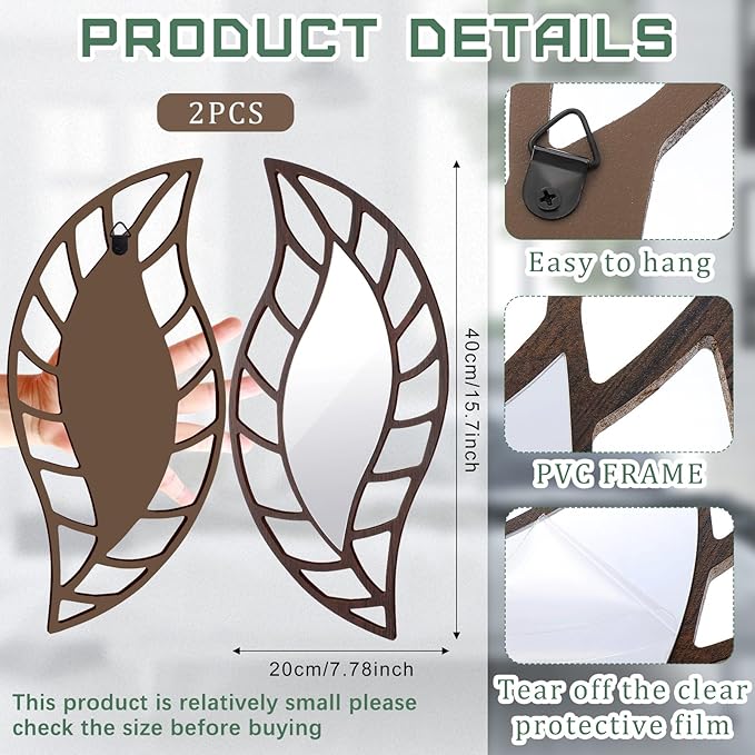 Roowest 2 Pcs Decorative Mirror Wall Decor Leaf Teardrop Mirror Wall Mounted Decorations for Living Room Bedroom Bathroom Vanity Entryway Office(Brown)