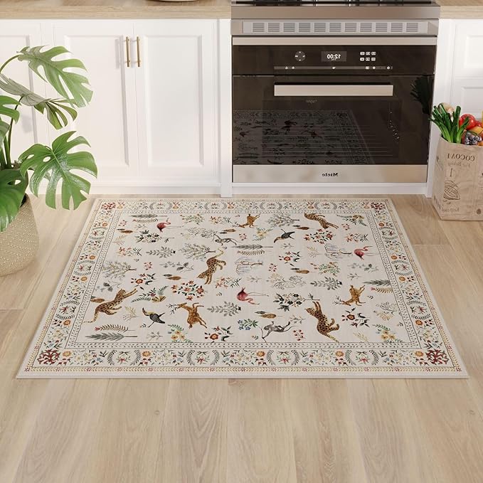 Door Mat Indoor Entrance 2x3 Rug Machine Washable Boho Floral Animal Small Area Rug Non-Slip Low Pile Throw Rugs for Entryway, Kitchen, Front Door Indoor Entrance, Entry, Kids Room (Beige)