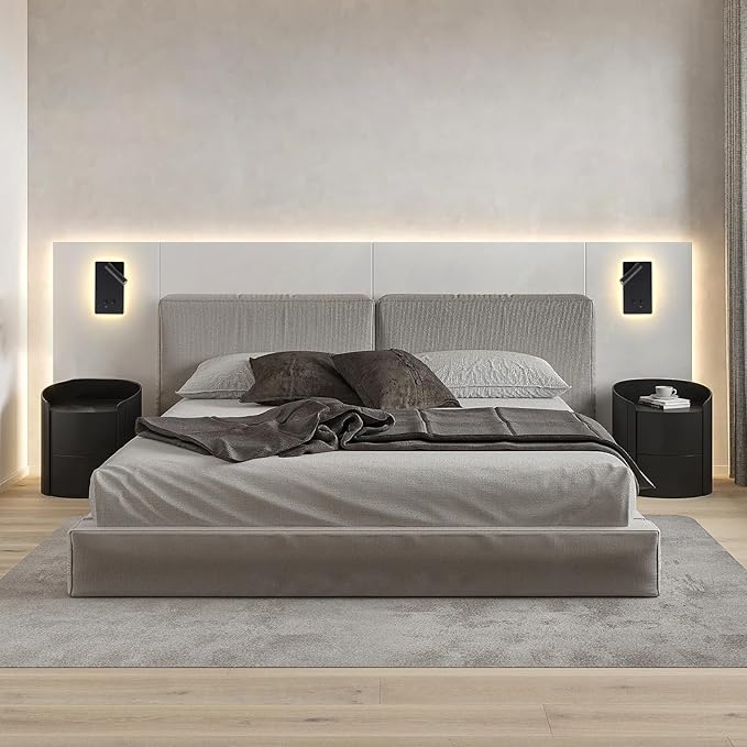 LED Wall Mounted Reading Lights for Books in Bed, Plug in Wall Sconce with USB C+A Ports & 3 Brightness Dimmable, Black Wall Lamps for Bedroom, Headboard Bedside Lamp with 9W+3W Night Light (2 pack)