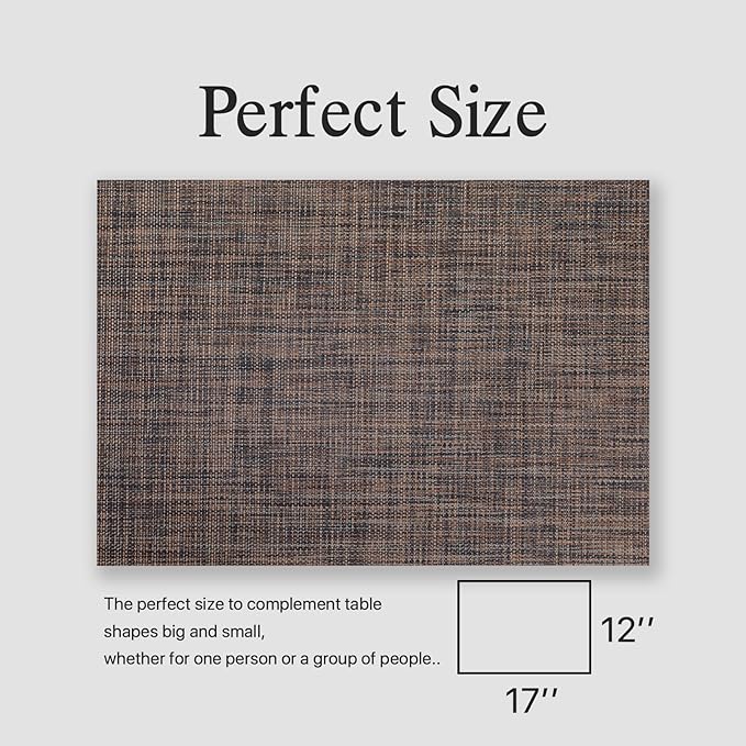 Placemats Set of 12 - Easy Clean Woven Vinyl Placemats for Dining Table, Indoor/Outdoor Place Mats, Washable PVC Table Mats(Black/Brown)