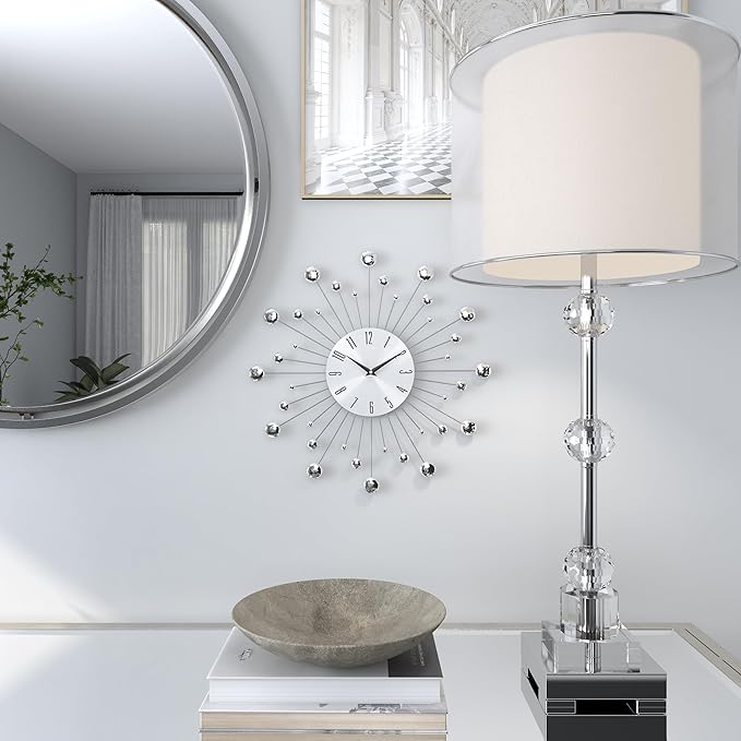 Deco 79 Metal Starburst Decorative Wall Clock With Crystal Accents for Home and Room, 15" x 2" x 15", Silver