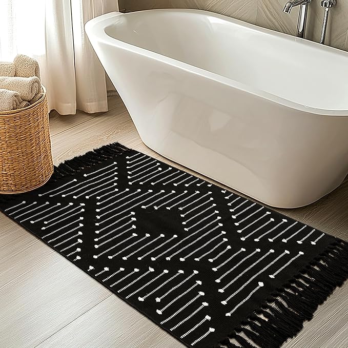 Tritard Boho Kitchen Runner Rug 2x4.3 Thin Woven Cotton Hallway Rugs with Tassels Washable Aztec Carpet Farmhouse Bathroom Area Rug Front Porch Bath Mat for Entryway, Laundry, Doorway, Black White