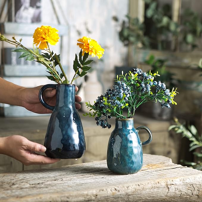 Ceramic Vase Set of 2, Blue Glazed Small Pottery Vases with Handles, Decorative Clay Vase Modern Farmhouse Decor, Centerpiece Dining Table Decorations Porcelain